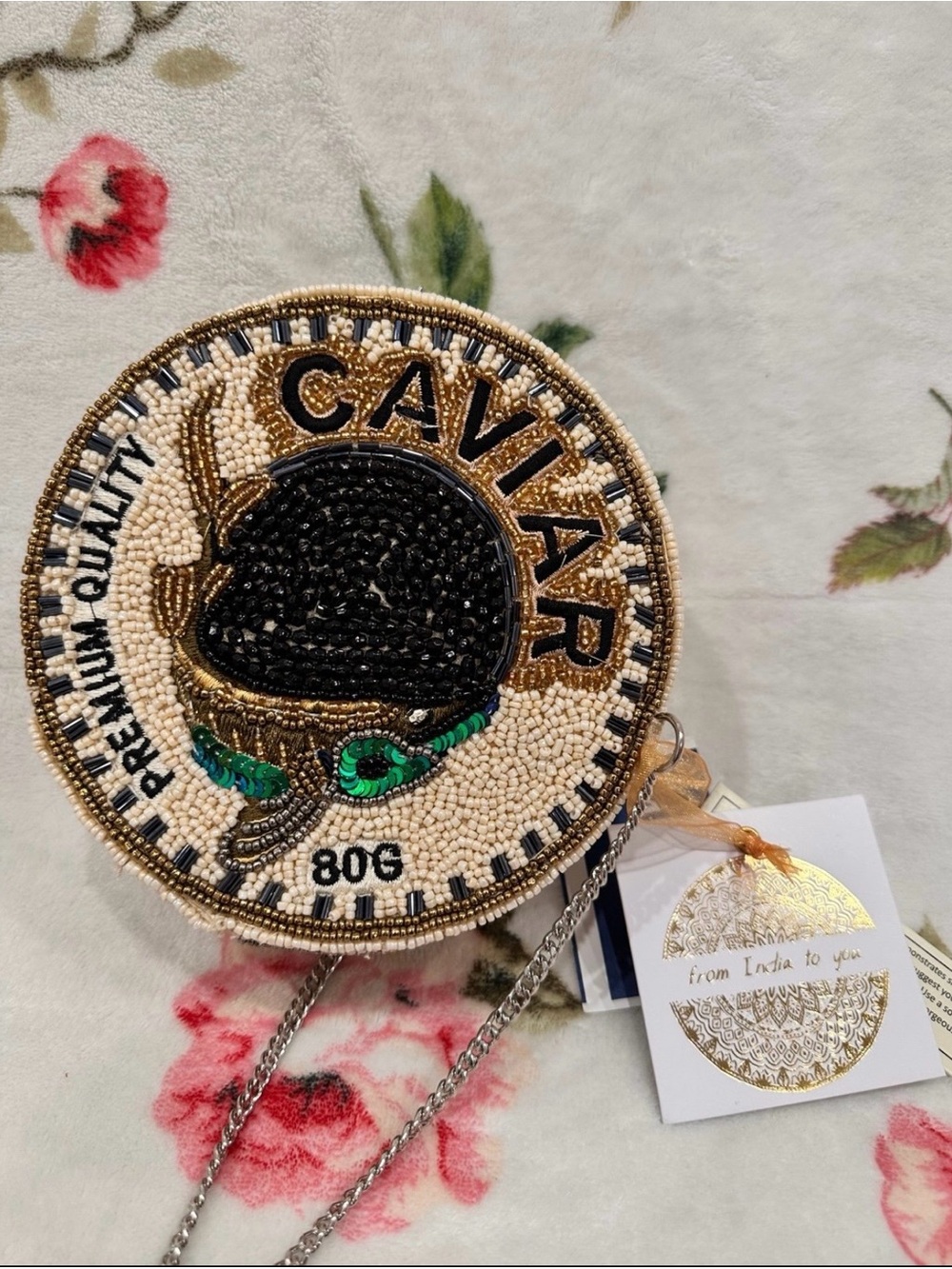 Beaded Caviar Round Crossbody Bag